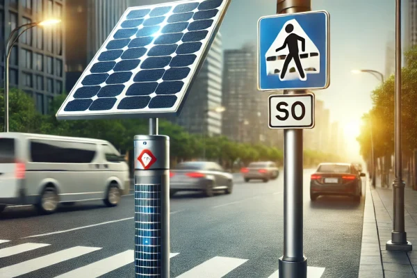 DALL·E 2025-03-23 12.27.01 - A modern solar-powered traffic sign and street light system. The image features a sleek LED traffic sign with a solar panel on top, displaying a speed